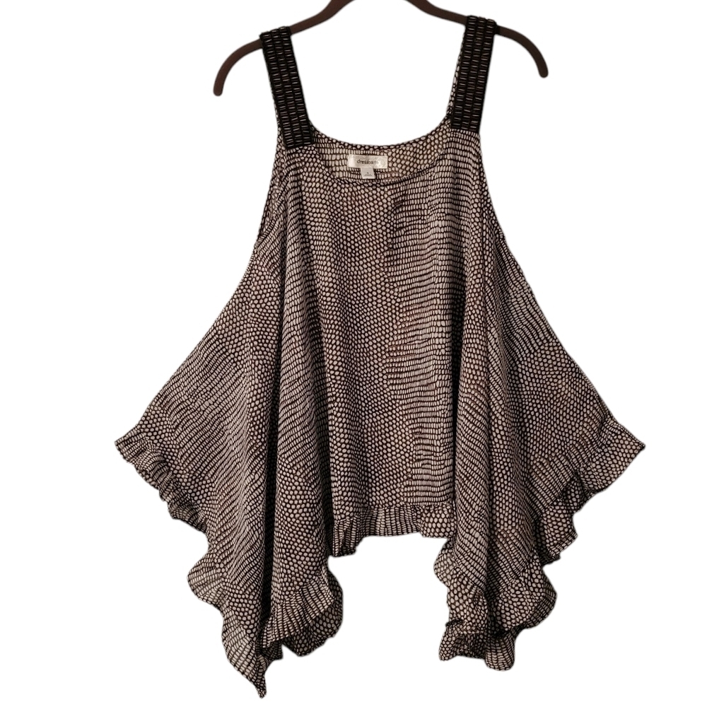 Women's Small Brown White Ruffle Trim Sleeveless Top Beaded Straps Flowy Casual